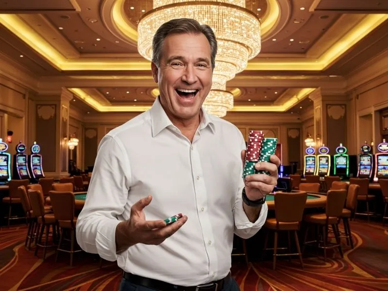 Man celebrating big casino win while holding poker chips, symbolizing success and excitement in 100jili online gaming.