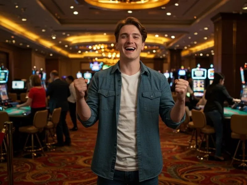 Man enjoying fun moments at a lively casino playing games on 888jili