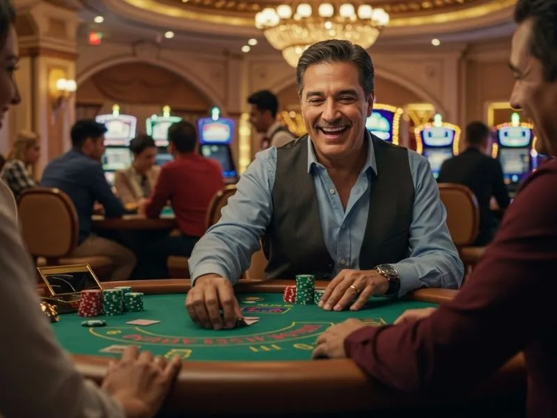 Man smiling while playing poker at a casino table, enjoying his game on 888jili.