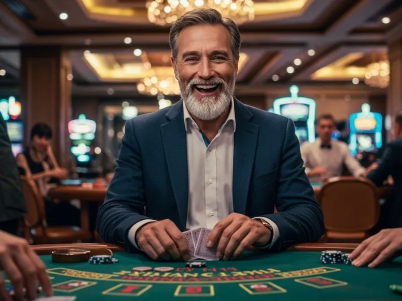 Man smiling happily while playing poker online, celebrating a free 100 promotion win.