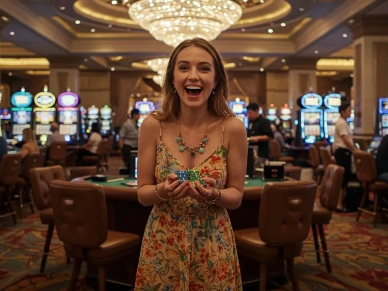Woman smiling and holding casino chips after a win, celebrating with excitement – jili777 free 150 bonus.