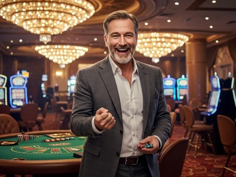Man holding poker chips while playing at a jilibet88 online casino table