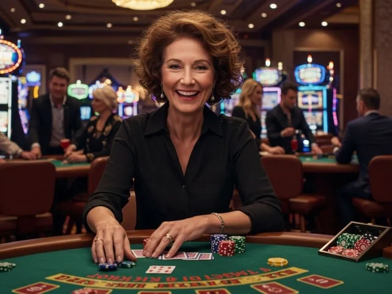 Smiling woman enjoying casino games on her device after a successful jilicrown login