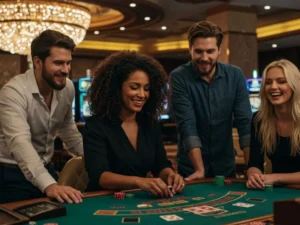 Happy circle of friends enjoying online casino games on jilino1 platform.