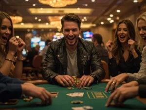 Friends cheering together while celebrating a big win on jilino1 online casino.