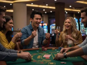 A happy circle of friends cheering and celebrating while playing at jilino1 online casino.