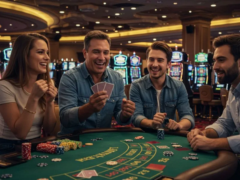 Happy circle of friends cheering for a big win while playing at jilino1 online casino.