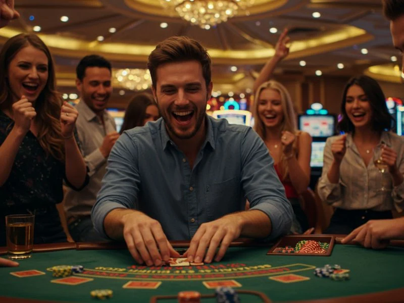 Happy group of friends cheering together while enjoying jlbet online casino games.