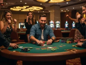 Happy friends cheering the only boy in their group while celebrating a big win at JLBet online casino.