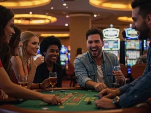 Happy friends enjoying casino games together at jlbet online casino.