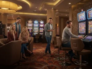 Happy group of friends enjoying slot games at no1jl online casino platform.