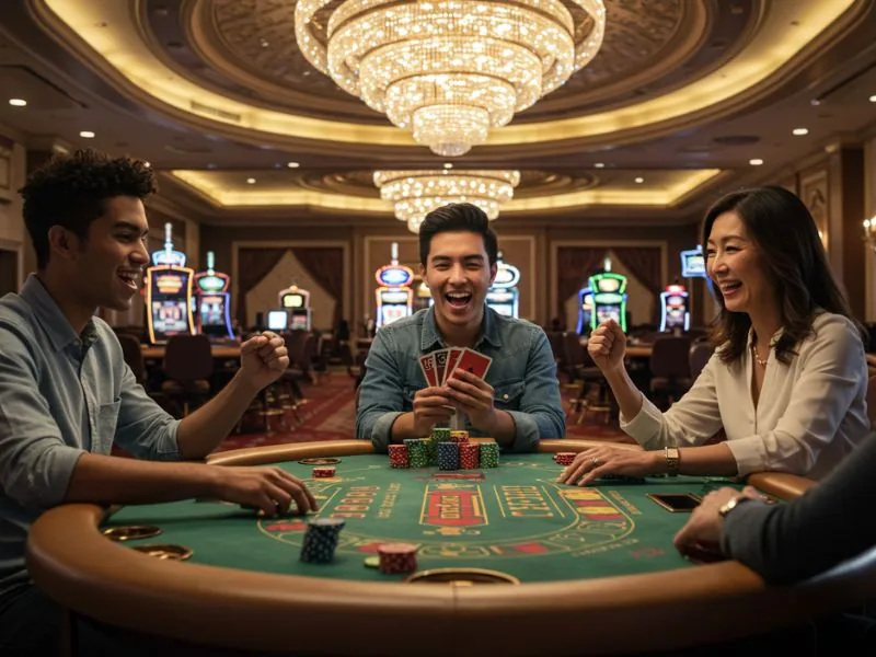 Happy friends celebrating their casino win on ubet95 online platform.