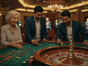 Happy sons enjoying online casino fun with their mother on ubet95 platform