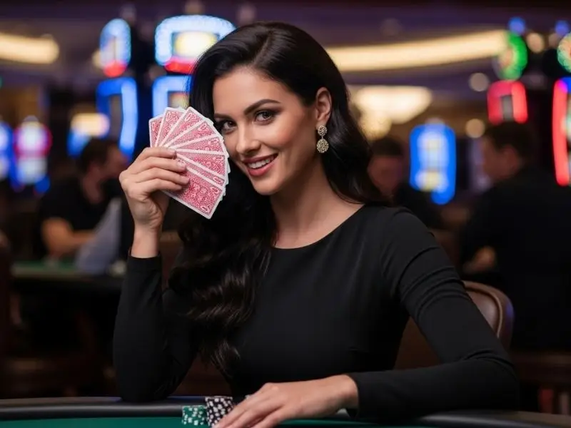 Grinning woman holding poker cards inside a casino at 66win