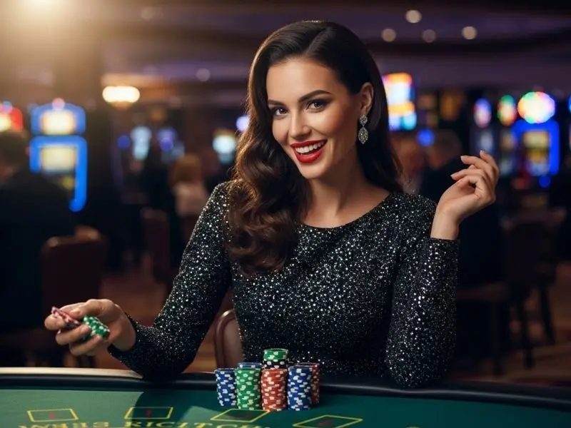Lady enjoying a blackjack game at a casino table with Betso88 free 100 promotion