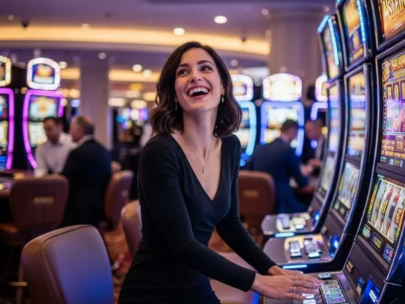 Lady smiling happily after winning at slots with betso88 free 100 bonus inside a casino