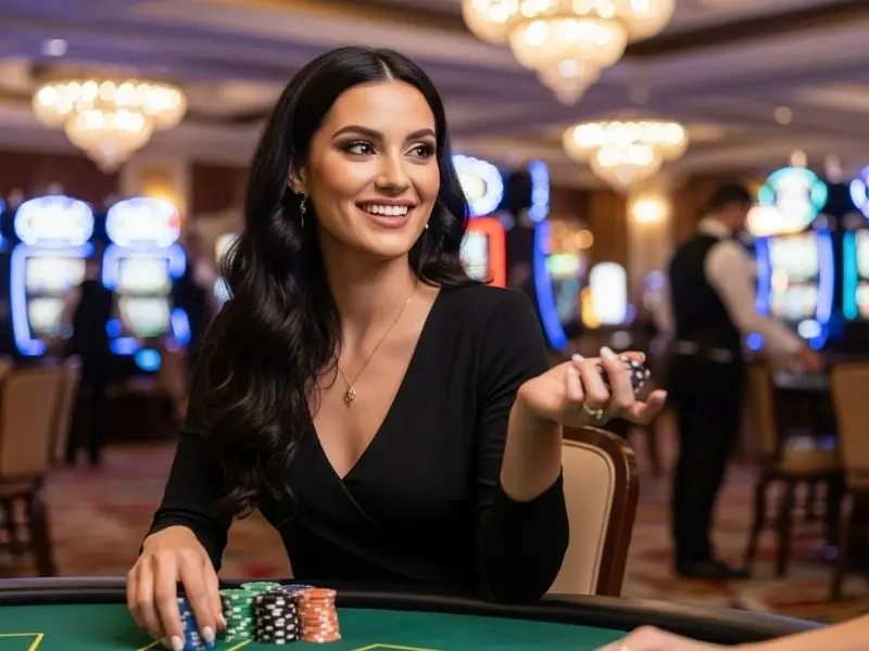 Woman happily playing blackjack in a casino, enjoying the betso88 free 100 promotion