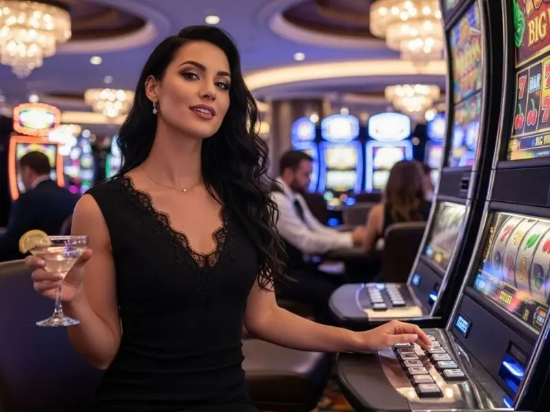 Lady enjoying slot machine inside a casino with jili games free 100 bonuses available