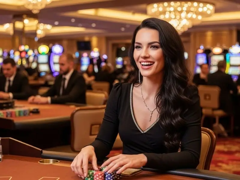 Smiling lady inside a casino resting her hands on poker chips while enjoying jili games free 100