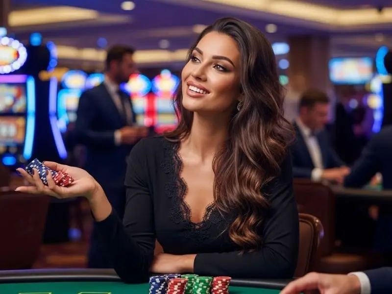 slot free 100 promotion: smiling lady holding chips at casino poker table
