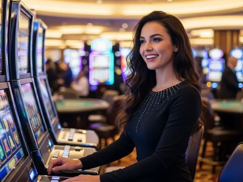 Slot free 100 promotion – lady smiling while playing slots inside a casino