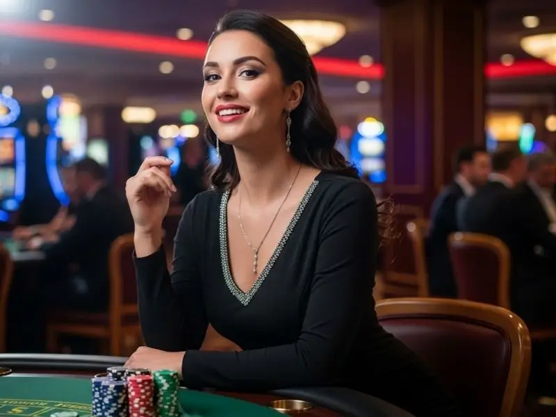 slot free 100 - smiling lady holding her stack of chips inside a casino