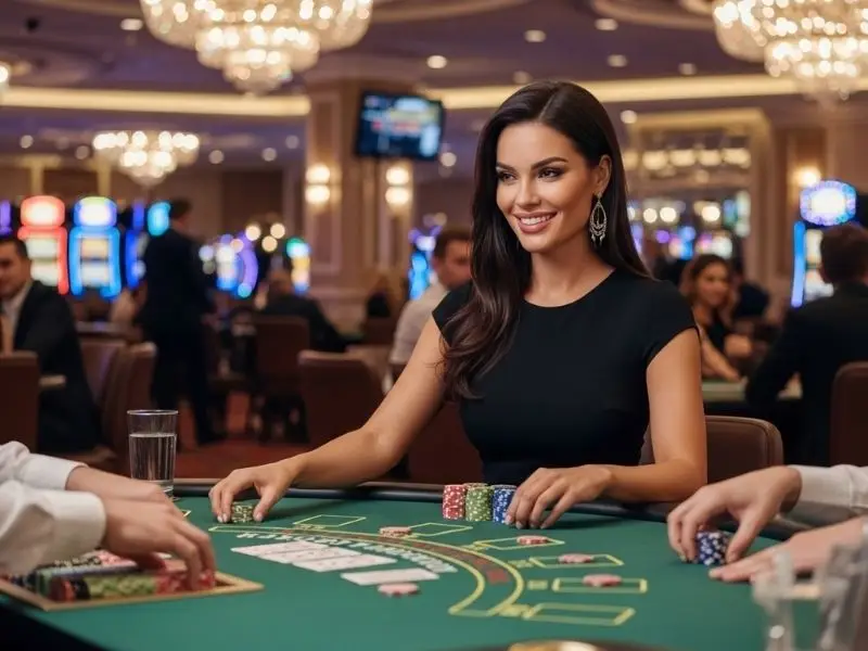 Woman happily playing poker inside a casino, enjoying a slot free 100 bonus