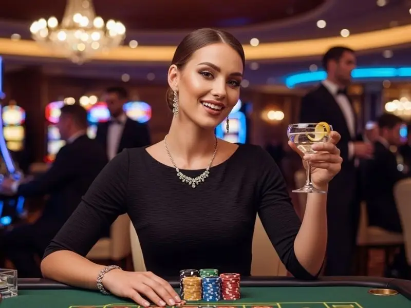 Woman enjoying casino ambiance with her stack of chips during super ace free 100 promotion