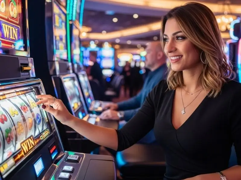 Super Ace Free 100 guest happily playing a slots machine inside a casino