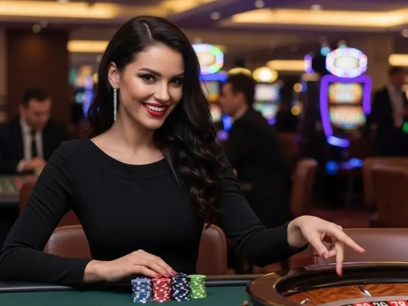 Lady smiling while playing roulette inside a casino during Super Ace Free 100 promotion