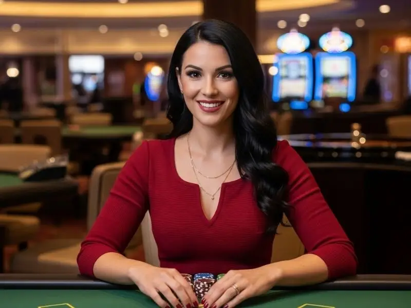 Smiling woman resting her hands on poker chips inside a casino during super ace free 100 promotion