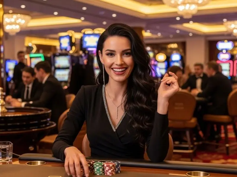 SuperPH casino login - happy lady smiling with poker chips inside a casino