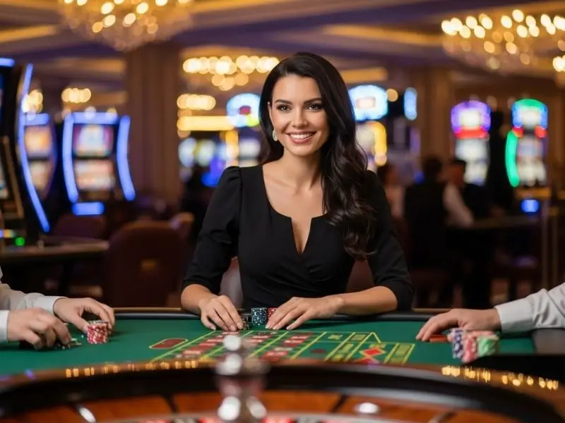 Lady smiling while playing roulette in a casino, using superph casino login