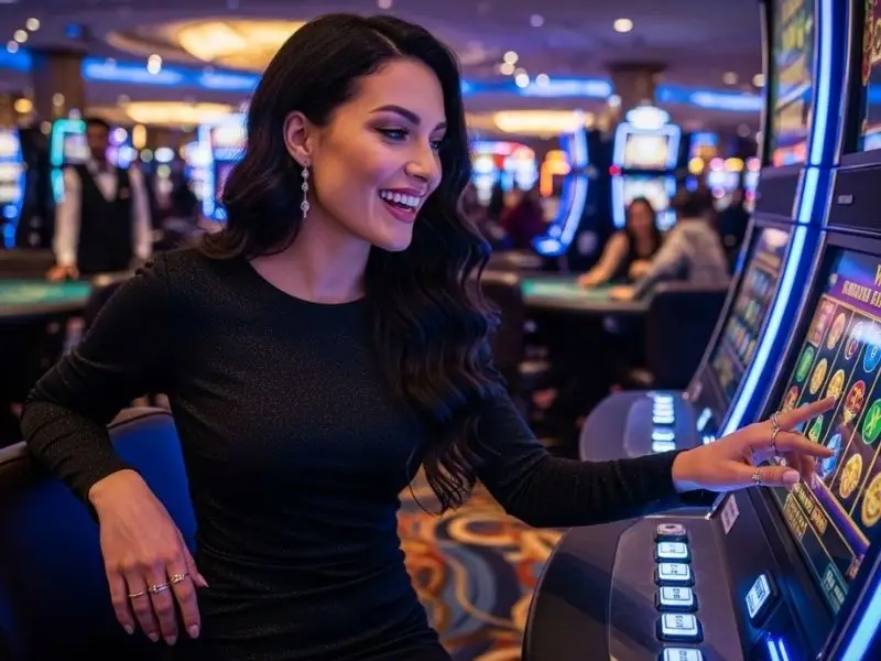 Lady smiling while playing slot machine at a casino - SuperPH Casino login experience