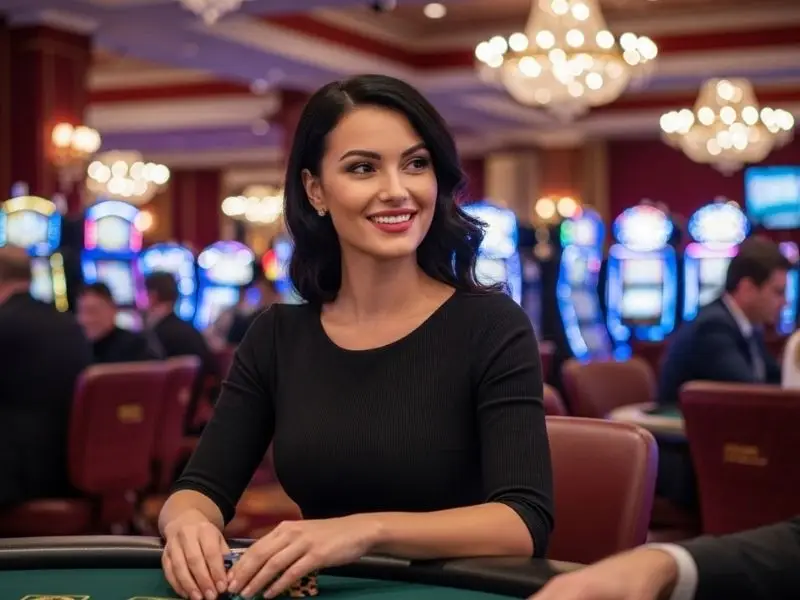 Smiling woman enjoying her game while resting her hands on casino chips at a table, illustrating SuperPH casino login experience.