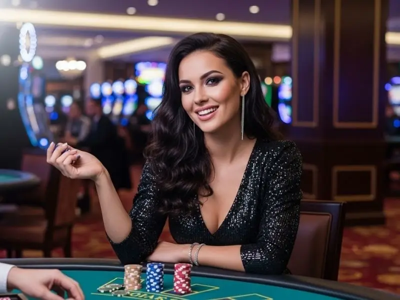 Lady happily enjoying a table game inside a casino at 55bmw.com casino