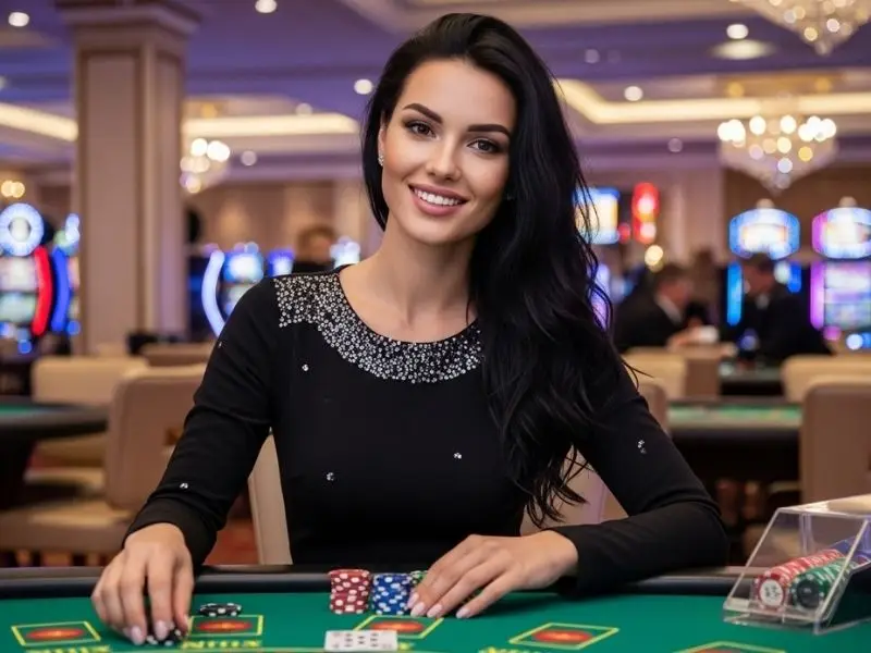 Woman happily placing a bet on table games at 55bmw.com casino