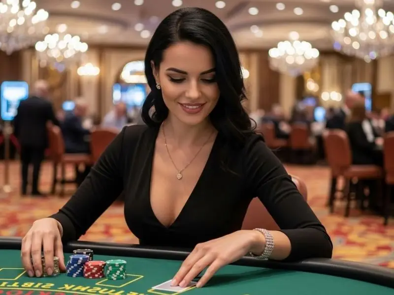 Woman happily playing poker at 55bmw.com casino inside a vibrant casino setting