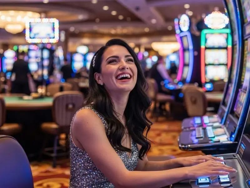 Woman laughing while playing slots at a casino using 55bmw com ph login