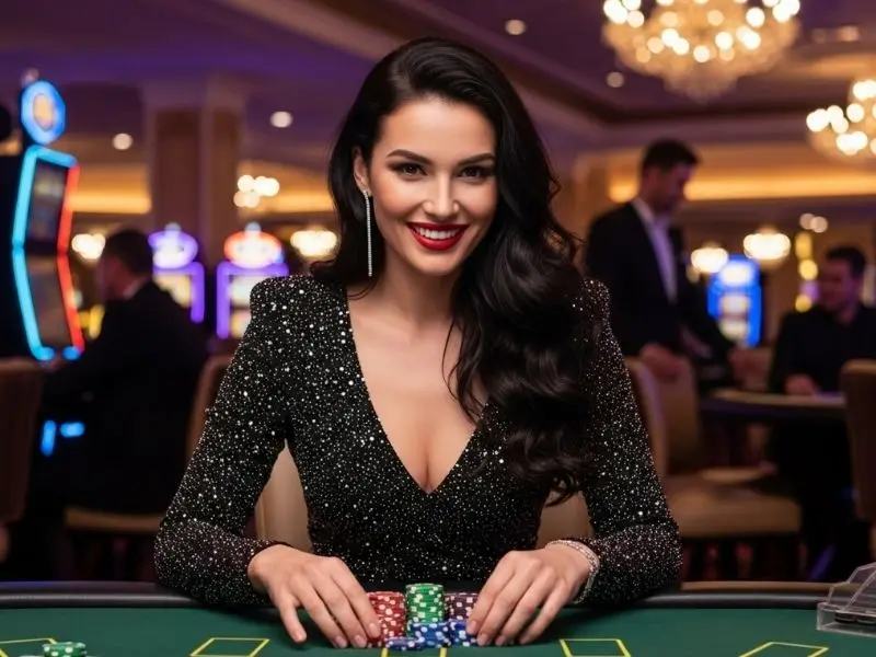 Happy woman celebrating her win at a casino table with chips, 55bmw online casino login experience