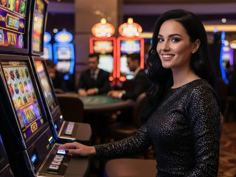 Lady enjoying slots machine at a casino, representing 55bmw online casino login experience