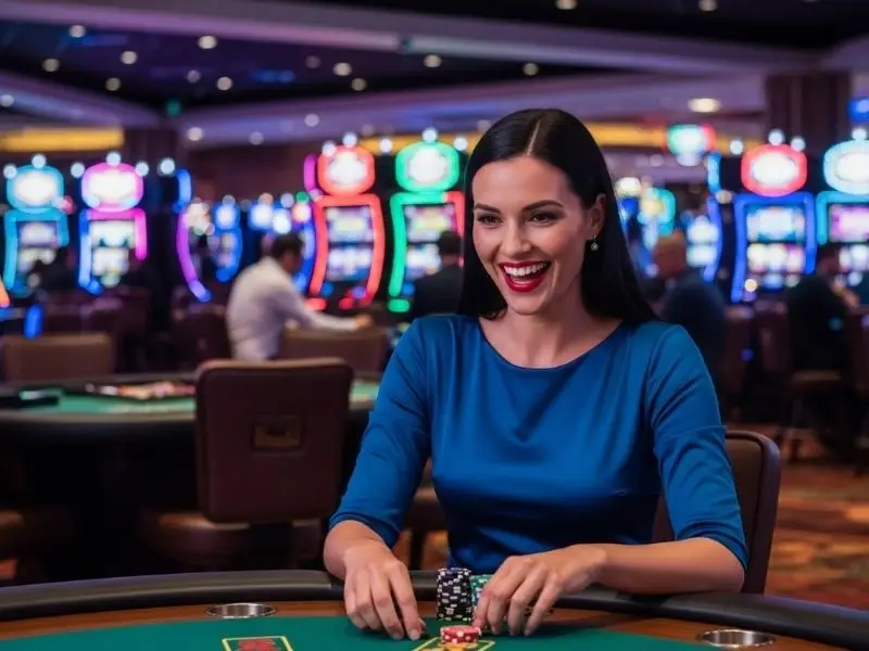 Woman laughing while playing table games at 55bmw online casino login in a lively casino environment
