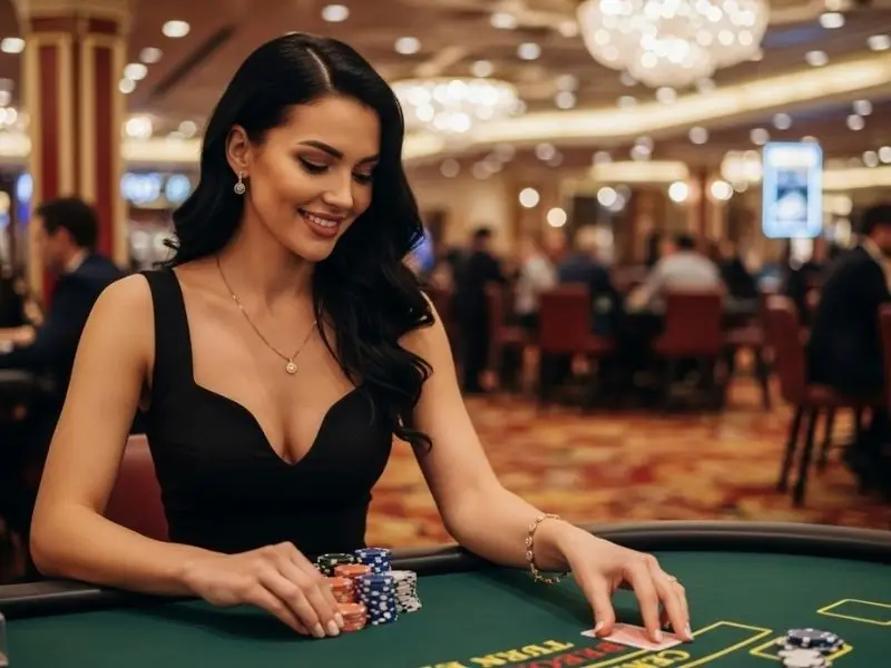 Jili free 200: elegant lady happily playing poker in a lively casino setting