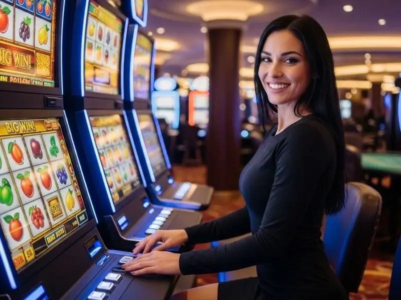 Lady laughing while playing a slots machine inside a casino, enjoying jili free 200 bonus