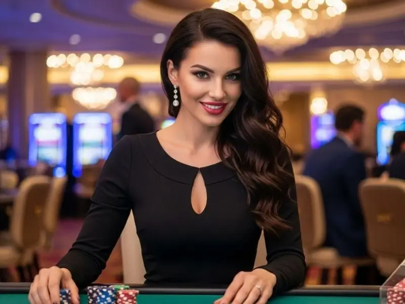 Jiliko casino login: Lady happily placing a bet on a baccarat table inside a casino
