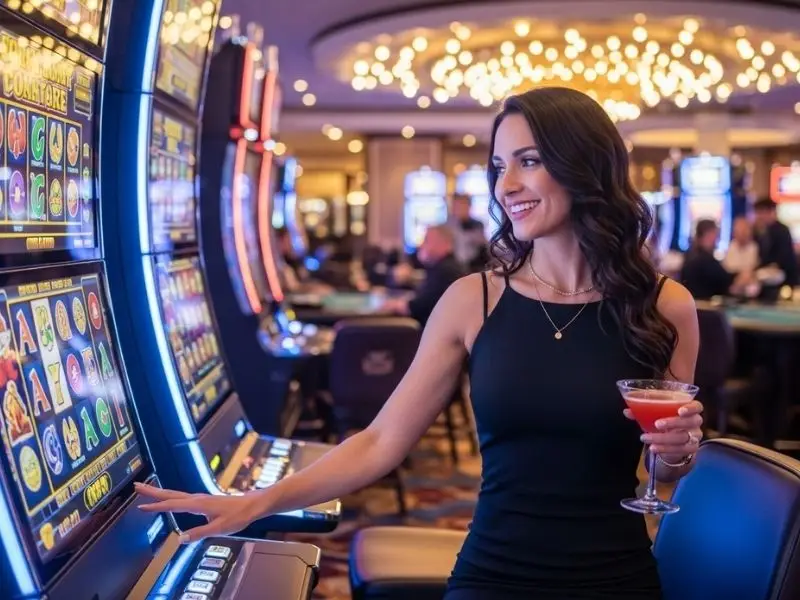 Woman happily playing slot games at a casino, showcasing a seamless jiliko casino login experience.