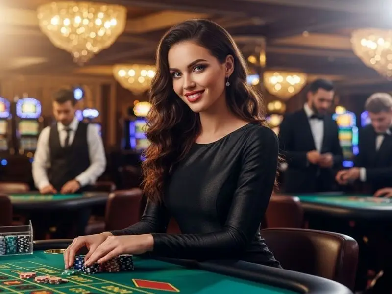 Lady happily placing a bet on a roulette table at a casino, featured on the jilino1 login site