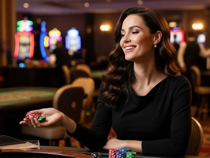 Lady smiling happily while playing roulette at a casino on jilino1 login site