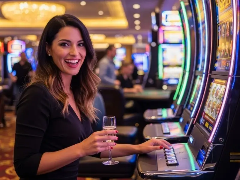Woman enjoying casino games at jilino1 login site, playing slots happily inside a casino