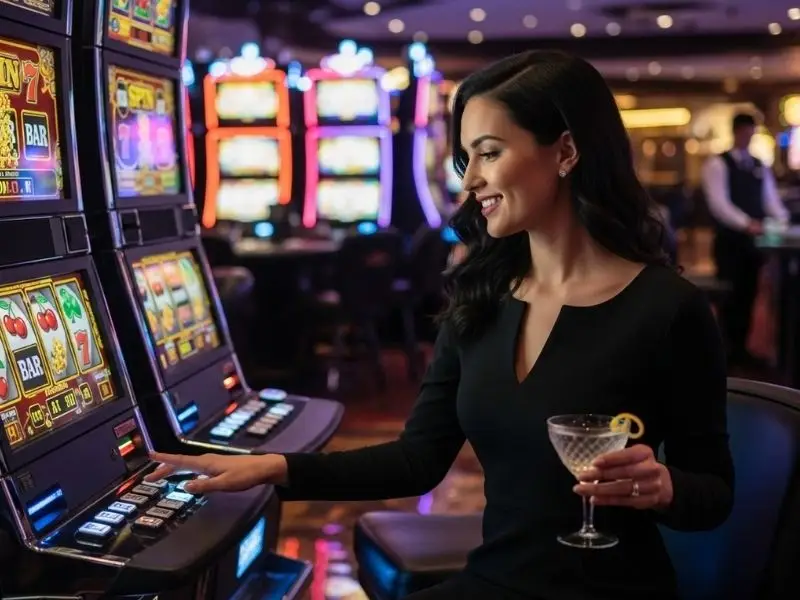 Lady playing slot machines happily inside a casino, enjoying her game at mnl777 login platform